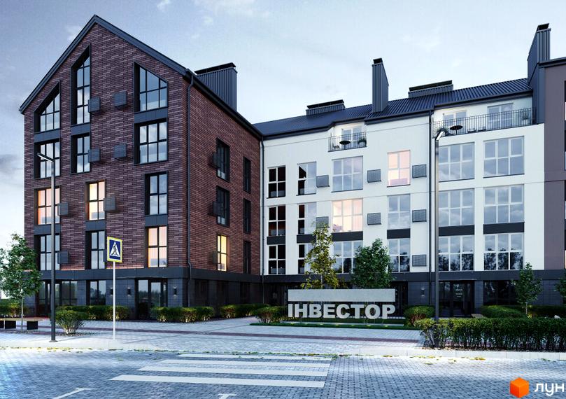 Зовнішній вигляд житлового комплексу Амстердам з цегляним фасадом та білими стінами. Прибудинкова територія з вивіскою та зеленими насадженнями.