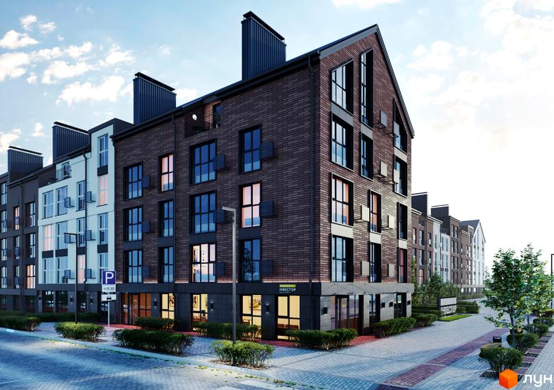 Зовнішній вигляд житлового комплексу Амстердам з цегляним фасадом та великими вікнами, а також доглянута прибудинкова територія з кущами та бруківкою.