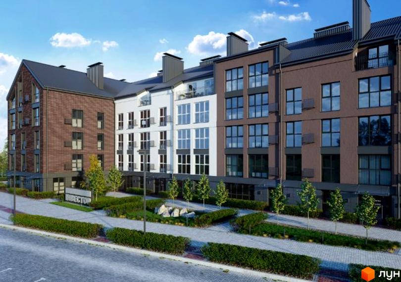 Зовнішній вигляд новобудови ЖК Амстердам з цегляним та білим фасадами, вікнами та балконами, а також доглянутою прибудинковою територією з кущами та деревами.