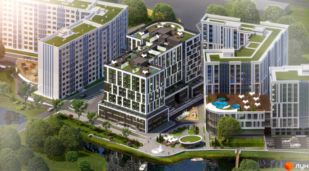 Житловий комплекс Рів'єра - сучасна архітектура з зеленими дахами та зоною відпочинку біля води. На території є дитячий майданчик та місця для паркування.