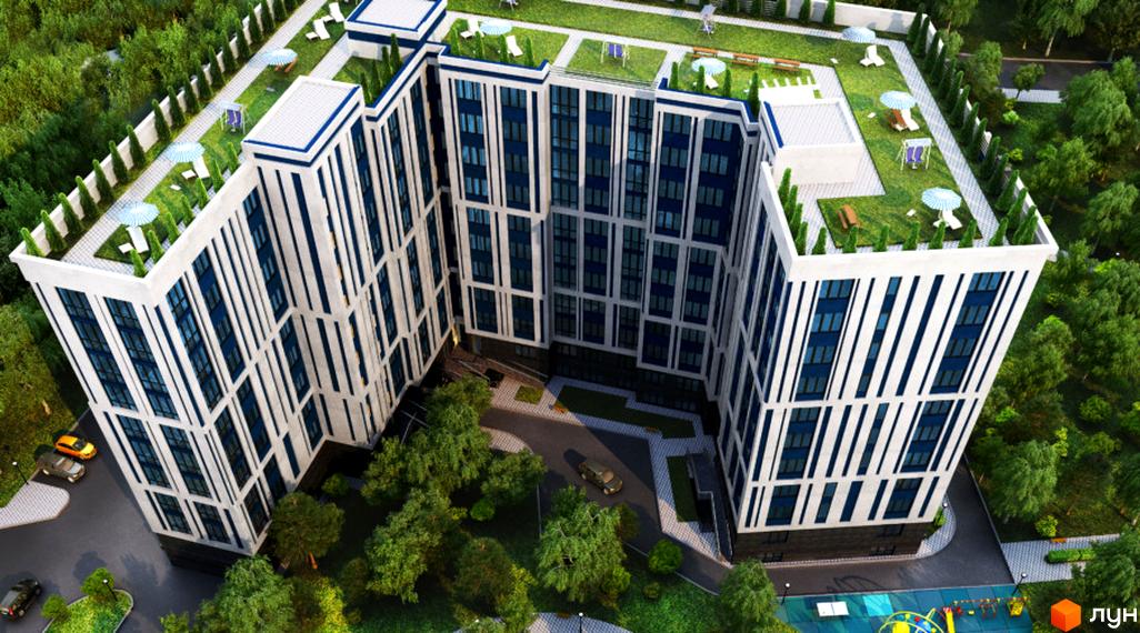 Зовнішній вигляд ЖК Рів'єра з біло-синім фасадом та терасами на даху. На прибудинковій території розташовані зелені зони та місця для відпочинку.