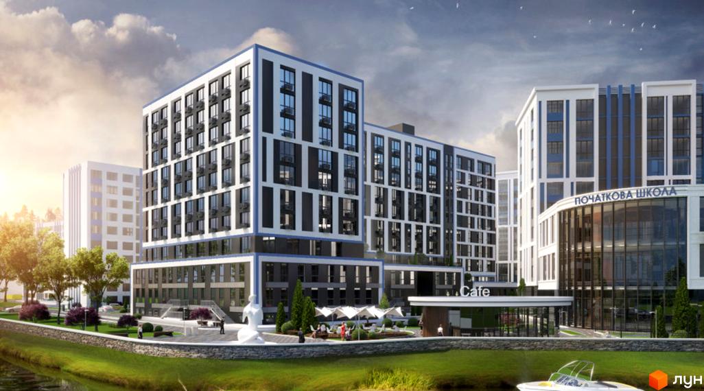 Житловий комплекс Рів'єра з фасадами біло-синього кольору та великими вікнами. На прибудинковій території розташовані зелені насадження, зона відпочинку з парасольками та кафе.