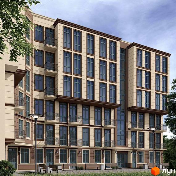 Зовнішній вигляд новобудови ЖК City House History з балконами та великими вікнами. На прибудинковій території розташовані лавки та ліхтарі.