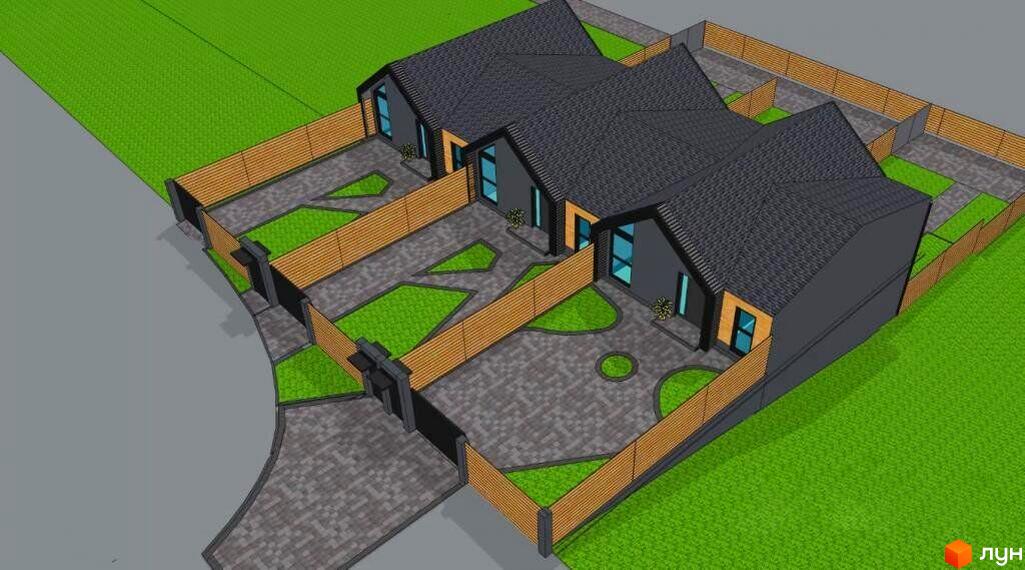 Зовнішній вигляд житлового комплексу на вул. Євпаторійська, 108, з трьома будинками під сірим дахом та прибудинковою територією з парканом та газоном.