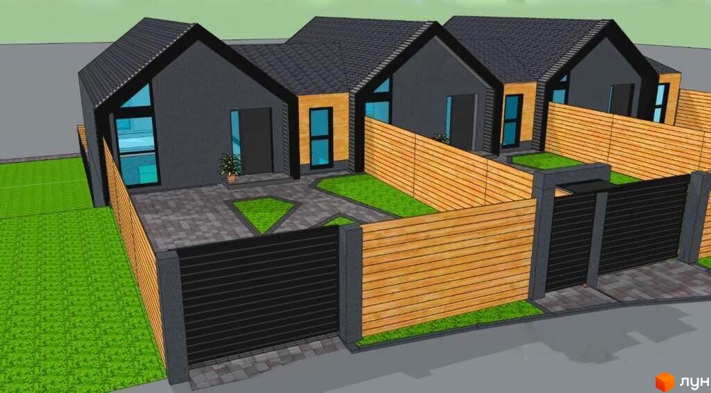 Зовнішній вигляд житлового комплексу на вул. Євпаторійська, 108, з сучасними будинками та огородженою прибудинковою територією з газоном та парканом.