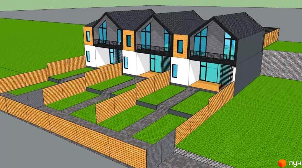 Триповерхові будинки житлового комплексу на вул. Євпаторійська, 108 з темними дахами та великими вікнами. Прибудинкова територія має зелені газони та дерев'яні огорожі.