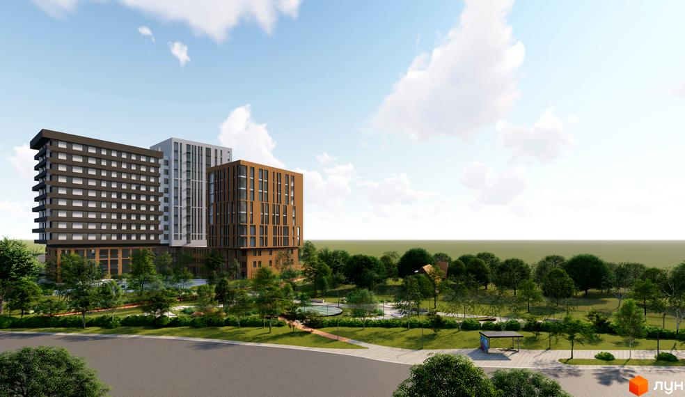 Житловий комплекс Пространство на Раскидайловской: три багатоповерхові будинки (темно-коричневий, світло-сірий, цегляний) та зелений парк.