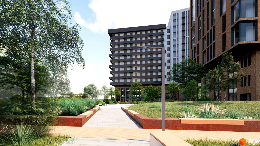 Багатоповерхові будинки Пространство на Раскидайловской з темними та цегляними фасадами. Прибудинкова територія озеленена деревами, травами та має доріжки з лавками.