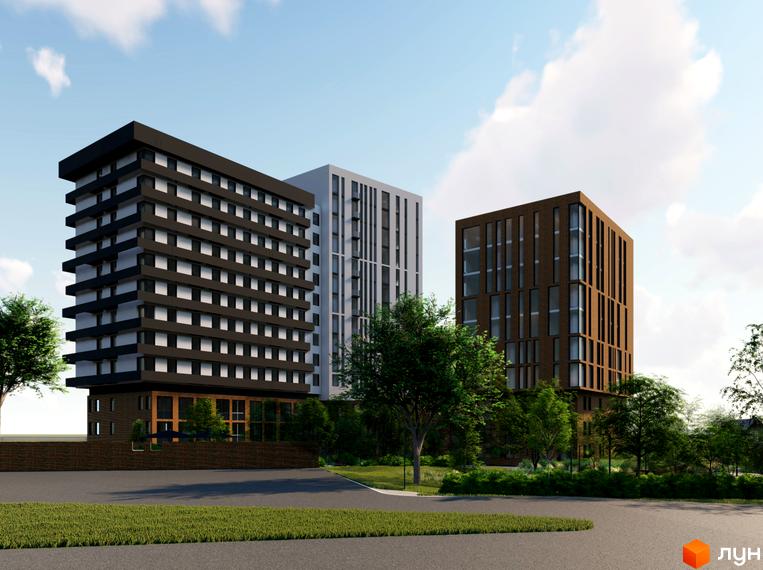 Три багатоповерхові будинки Пространство на Раскидайловской з різними фасадами: темним, світлим та коричневим. Прибудинкова територія озеленена деревами та кущами.