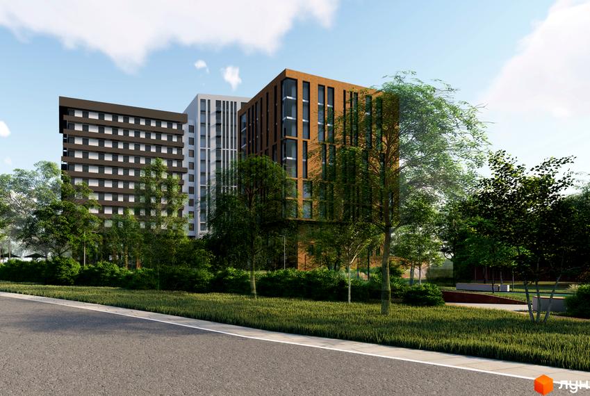 Три багатоповерхові будинки житлового комплексу Пространство на Раскидайловской: темно-коричневий, білий та цегляний, оточені зеленою територією з деревами та кущами.