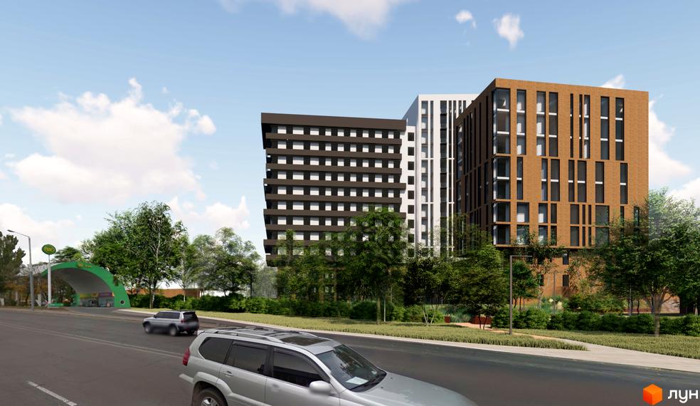 Три багатоповерхові будинки житлового комплексу Пространство на Раскидайловской з фасадами різних кольорів та форм вікон. Перед будинками дорога, дерева та зелені насадження.