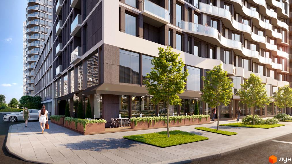 Зовнішній вигляд новобудови Creator City з вигнутими балконами та великими вікнами. Прибудинкова територія з деревами та місцями для відпочинку.