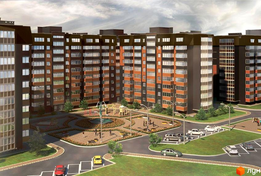 Зовнішній вигляд багатоквартирного будинку ЖК Затишок з коричневими фасадами та великою кількістю вікон. На прибудинковій території розташовані дитячий майданчик, місця для відпочинку та паркування автомобілів.