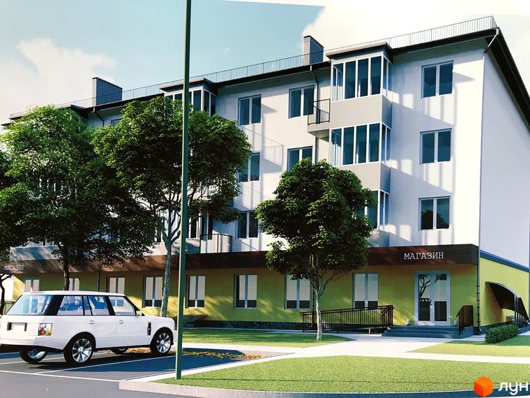 Житловий комплекс Мічуріна: багатоповерховий будинок світлого кольору з комерційними приміщеннями на першому поверсі. Поруч зелені дерева, парковка та доглянутий газон.