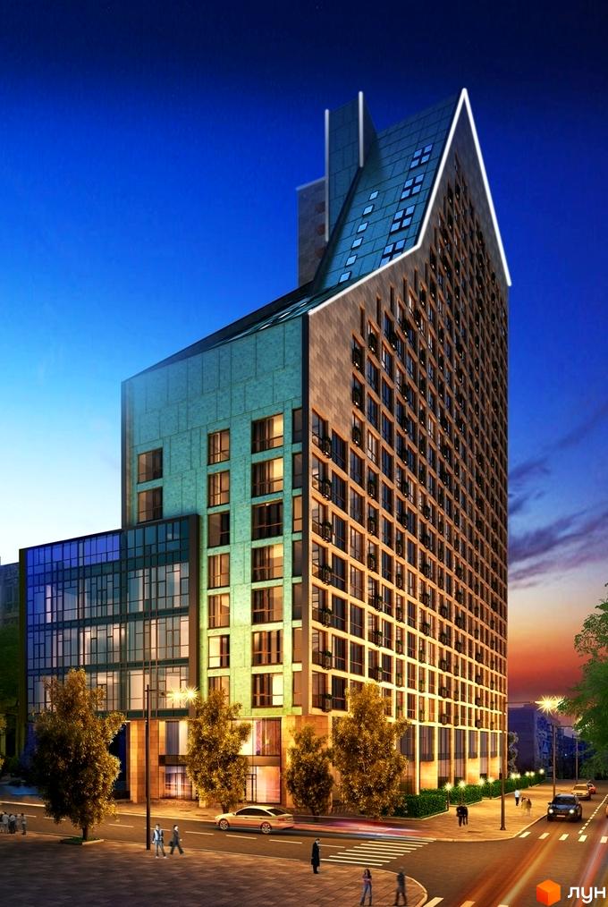 Житловий комплекс Хоффманн Хаус – висотна будівля з незвичайною архітектурою та скляними фасадами. Навколо будинку розташовані дерева та міська вулиця з автомобілями.