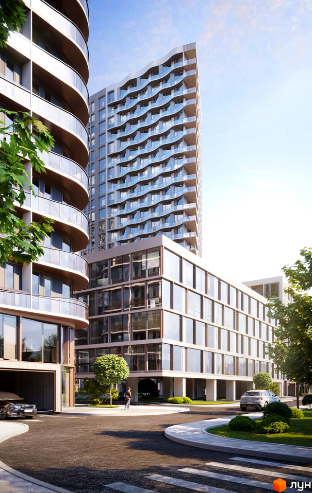 Житловий комплекс Creator City: висока будівля з хвилястими балконами та нижній будинок зі скляним фасадом. Територія з дорогою та зеленню.