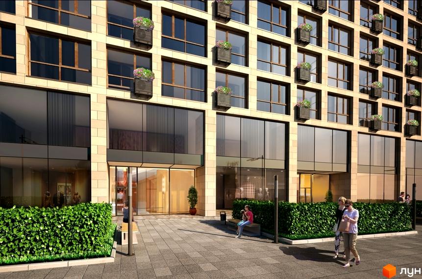 Зовнішній вигляд новобудови ЖК Хоффманн Хаус з кам'яним фасадом та великими вікнами. Прибудинкова територія з зеленими насадженнями та місцями для відпочинку.