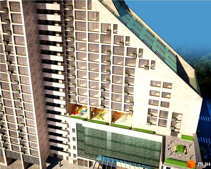 Зовнішній вигляд житлового комплексу Хоффманн Хаус з численними вікнами та балконами, що виходять на дитячий майданчик та зелену зону.