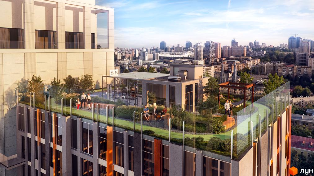 Житловий комплекс Montreal House з терасою для відпочинку та тренувань на даху. Сучасна архітектура та зелені зони для мешканців.