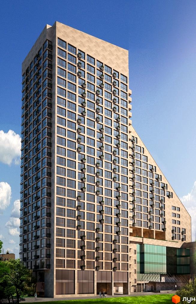 Житловий комплекс Хоффманн Хаус: висотна будівля з бежевим фасадом, численними вікнами та скошеною секцією праворуч. Перед будинком зелена зона.