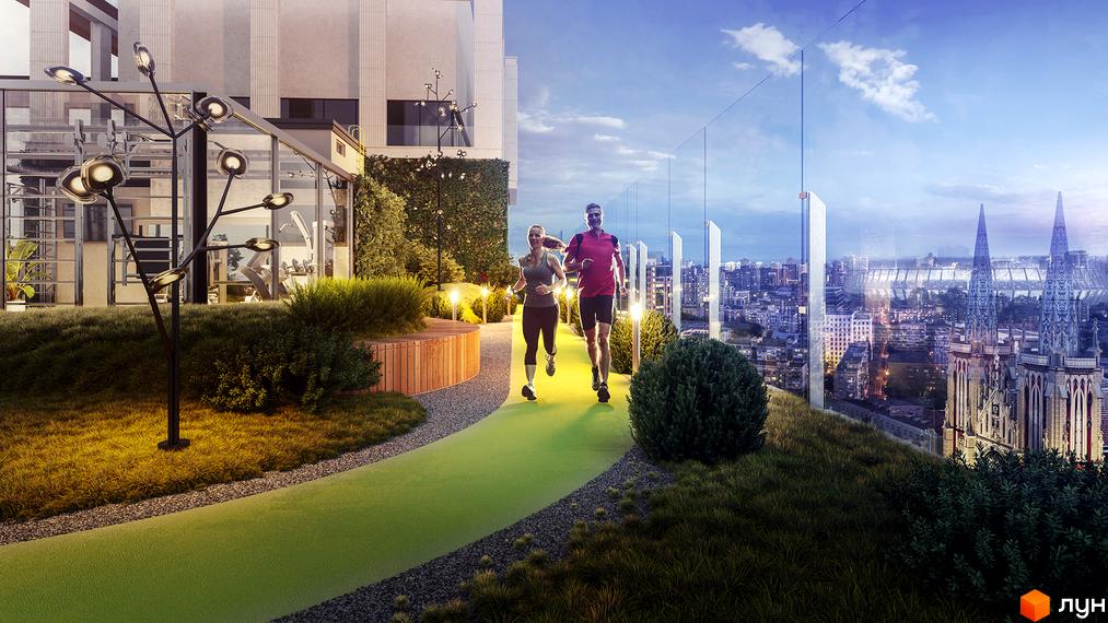 Житловий комплекс Montreal House: пара закоханих бігає на даху з чудовим краєвидом на місто. На території комплексу є зелені зони та спортивне обладнання.