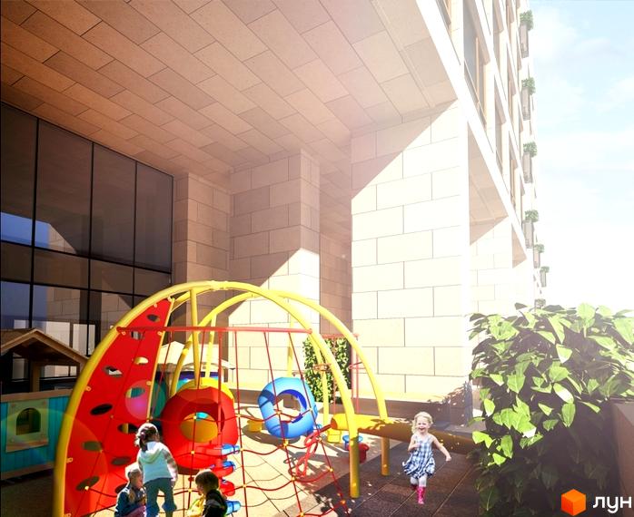 Житловий комплекс Хоффманн Хаус: дитячий майданчик з гірками та гойдалками на фоні сучасної новобудови. Прибудинкова територія з елементами озеленення.