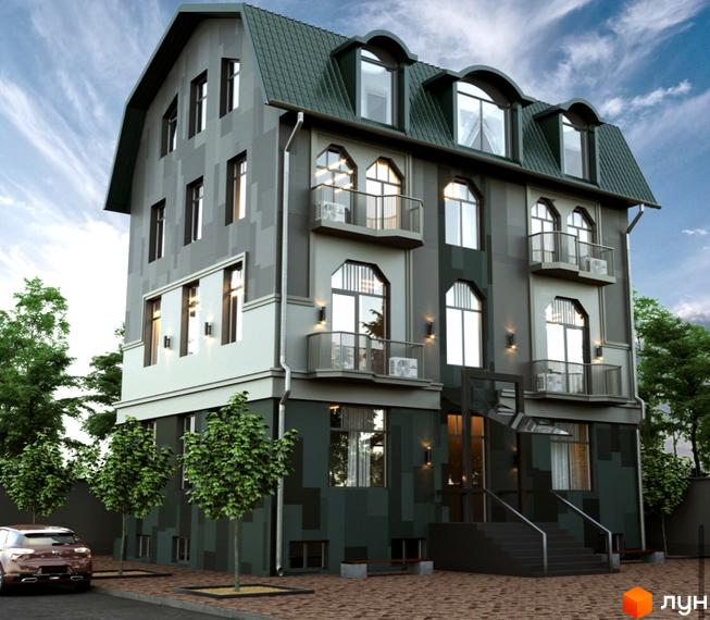 Фасад Житлового комплексу Craft House з темно-зеленим дахом та балконами. На прибудинковій території висаджені дерева та є парковка.