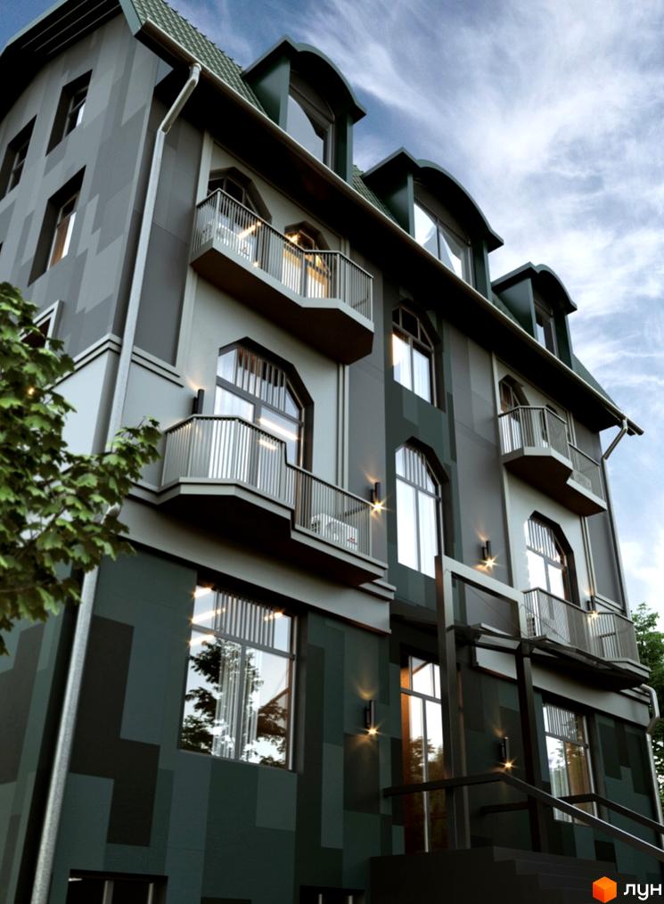 Житловий комплекс Craft House з темно-зеленим фасадом, світлими вставками, арковими вікнами та балконами. Поруч видно зелене дерево та сходи.