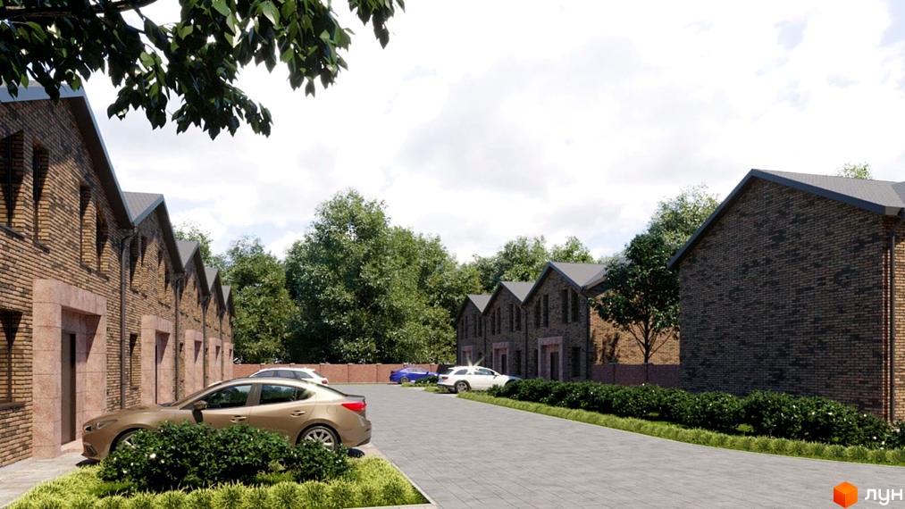 Зовнішній вигляд таунхаусів Viva Village Town з цегляним фасадом та прибудинковою територією з паркуванням та зеленню.