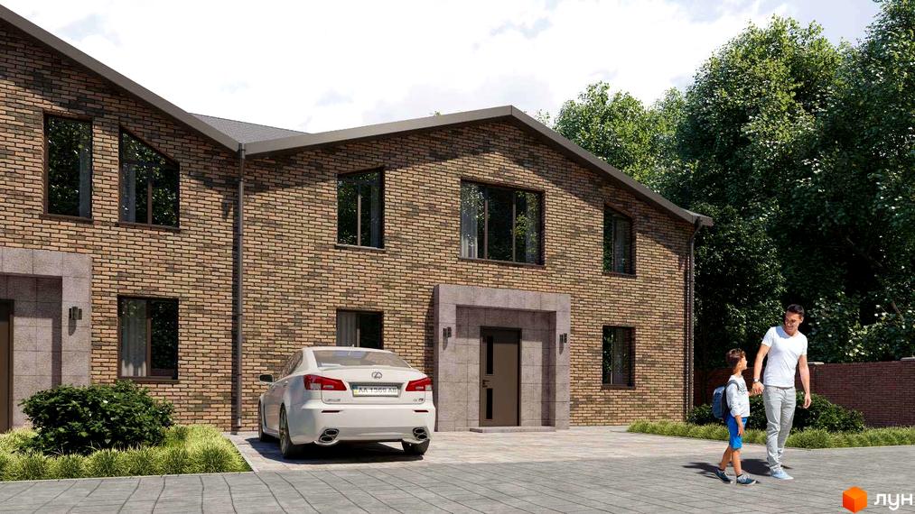 Таунхауси Viva Village Town: цегляні фасади, великі вікна, доглянута прибудинкова територія з автомобілем та людьми.