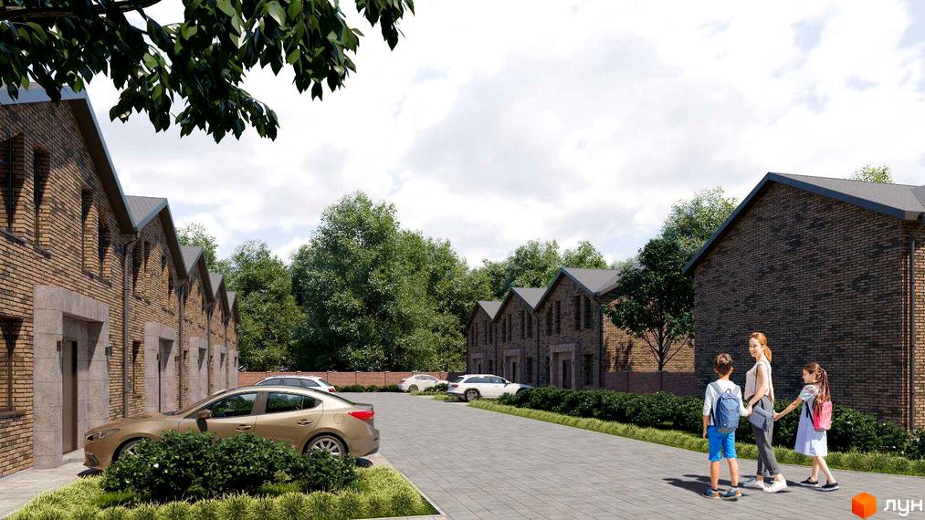 Таунхауси Viva Village Town: цегляні будинки з сірими дахами та доглянутою прибудинковою територією з зеленими насадженнями та парковкою.