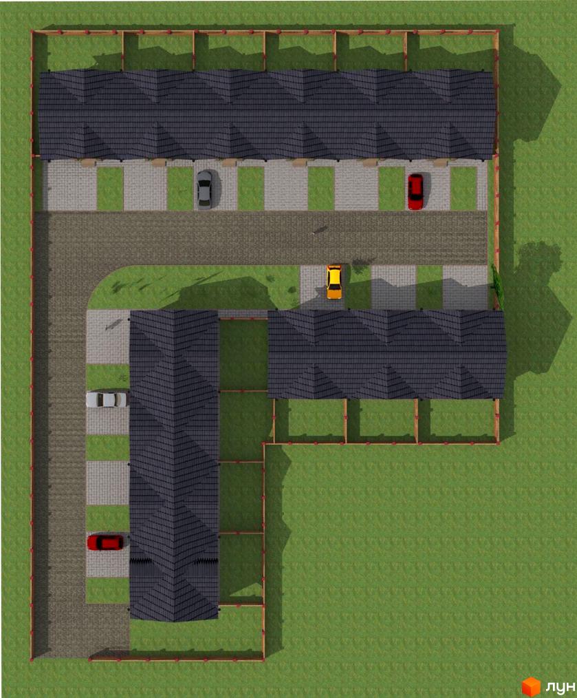 Таунхауси Viva Village Town з темними дахами та паркувальними місцями на фоні зеленої галявини. Комплекс оточений дерев'яним парканом.