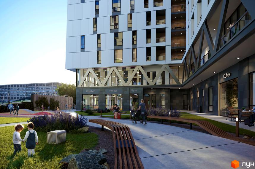 Зображення фасаду Новобудови Pictorial та прибудинкової території з дитячим майданчиком і лавками.