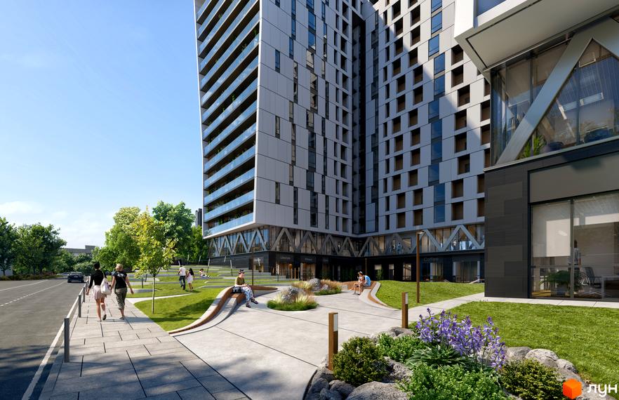 Житловий комплекс Pictorial з сірими фасадами та скляними балконами, зеленою прибудинковою територією та місцями для відпочинку.