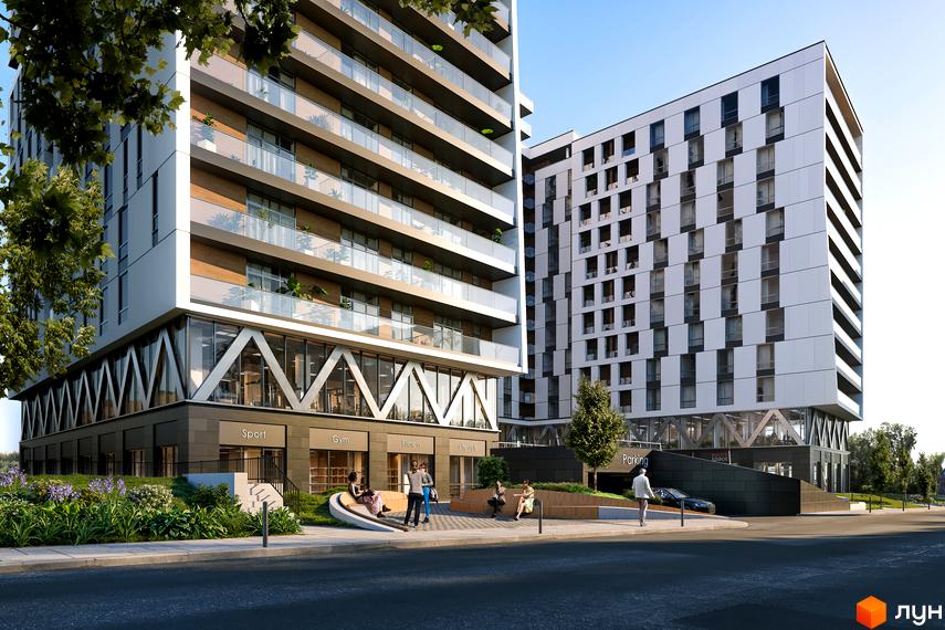 Зображення Житлового комплексу Pictorial з фасадом та скляними балконами. На передньому плані зелені насадження та тротуар.