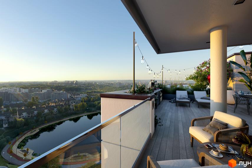 Житловий комплекс Pictorial: простора тераса з меблями та видом на місто та озеро. Відкрийте для себе комфортне життя в новобудові.