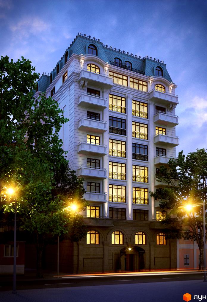 Житловий комплекс Бонапарт. Зовнішній вигляд елегантної новобудови з балконами та мансардним дахом, освітленою вулицею та деревами.