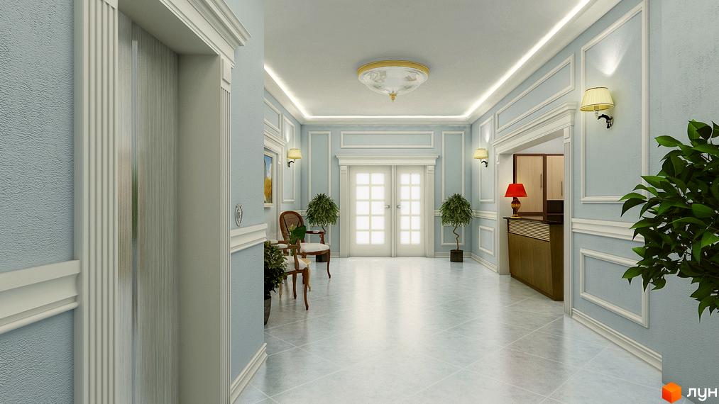 Елегантний хол житлового комплексу Бонапарт з класичним дизайном, білими колонами та м'яким освітленням. Просторий коридор веде до подвійних дверей.