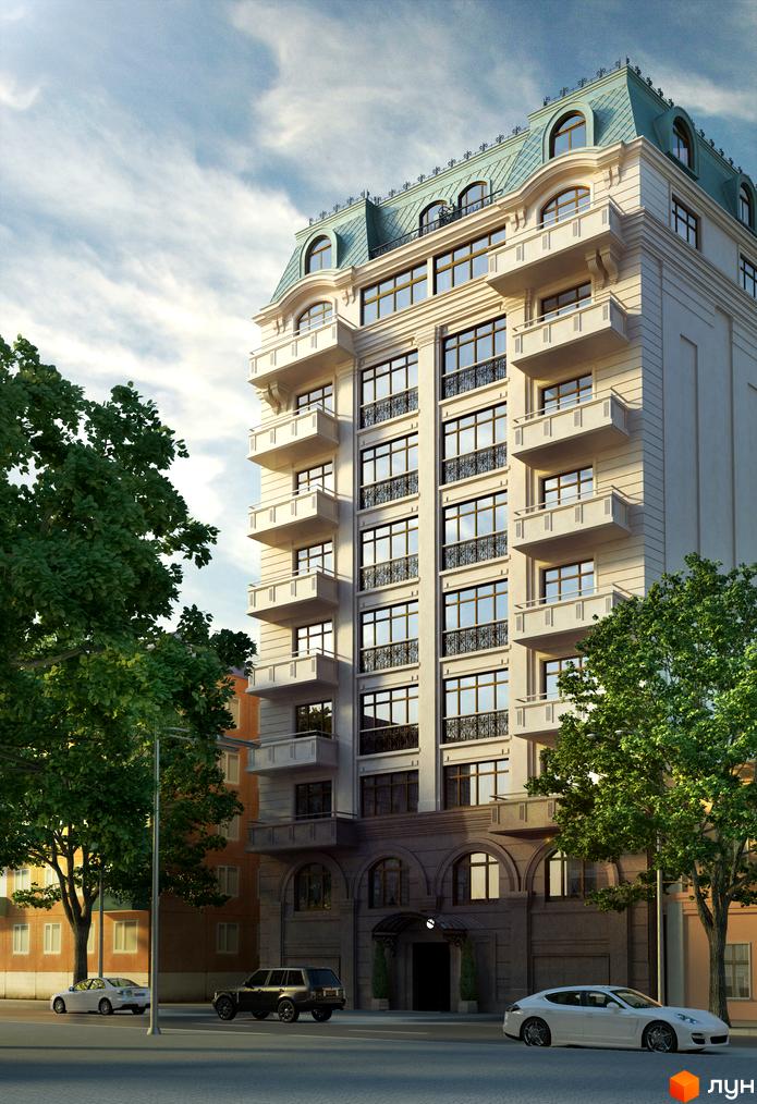 Житловий комплекс Бонапарт. Фасад будівлі з балконами та арочними вікнами, зелені дерева та автомобілі на вулиці.