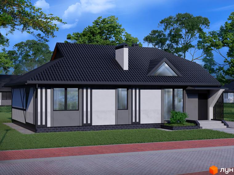 Котеджне містечко Золота Підкова: одноповерховий будинок з темним дахом, великими вікнами та сірими декоративними елементами на фасаді. Навколо будинку зелена галявина та доріжка з червоної плитки.