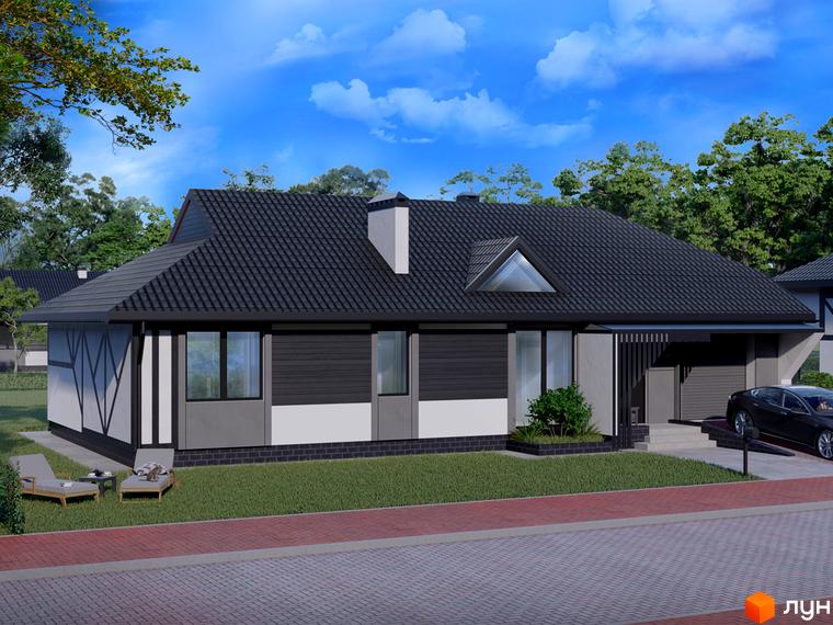 Котеджне містечко Золота Підкова: одноповерховий будинок з темним дахом, великими вікнами та прибудинковою територією з двома лежаками та столиком.