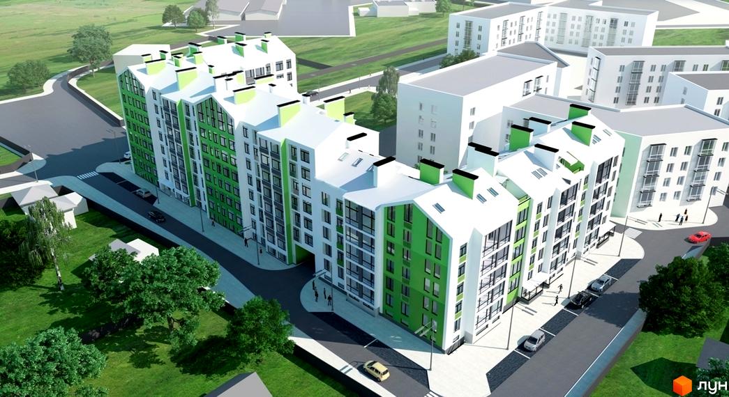 Візуалізація Житлового комплексу Skyland з біло-зеленими фасадами та похилими дахами. Навколо зелені газони, дерева та дороги.