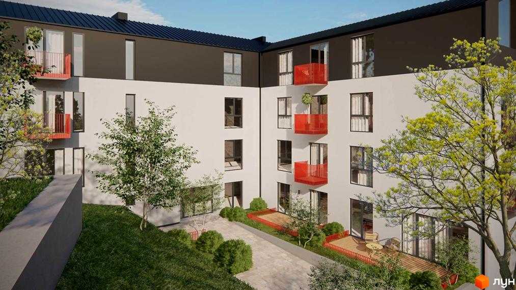 Житловий комплекс Панський маєток з білим фасадом, темним дахом та червоними балконами. Навколо зелені газони, дерева та вимощені доріжки.