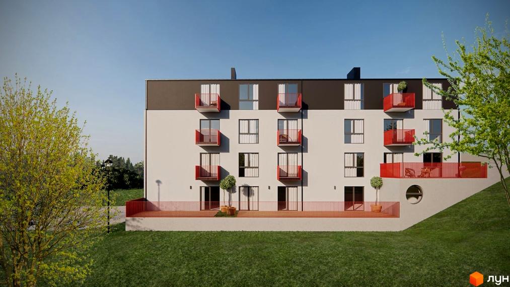 Житловий комплекс Панський маєток з білими фасадами, темним верхом та червоними балконами. Прибудинкова територія включає зелений газон, дерева та терасу з дерев'яним покриттям.