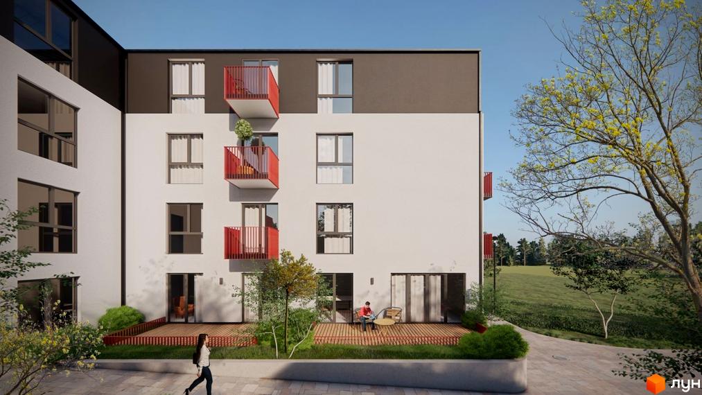 Житловий комплекс Панський маєток: багатоквартирний будинок з білим фасадом, червоними балконами та дерев'яними терасами на прибудинковій території.