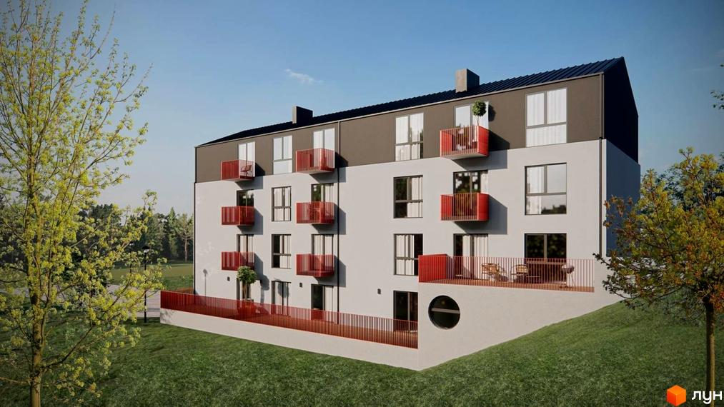 Житловий комплекс Панський маєток: світлий будинок з червоними балконами та темним дахом. Територія навколо будинку вкрита зеленими газонами та деревами.