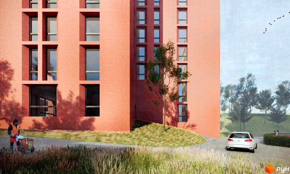 Фасад Комплексу Кампус теракотового кольору з прямокутними вікнами. Прибудинкова територія з газонами, деревами та доріжкою, де видно людину та авто.