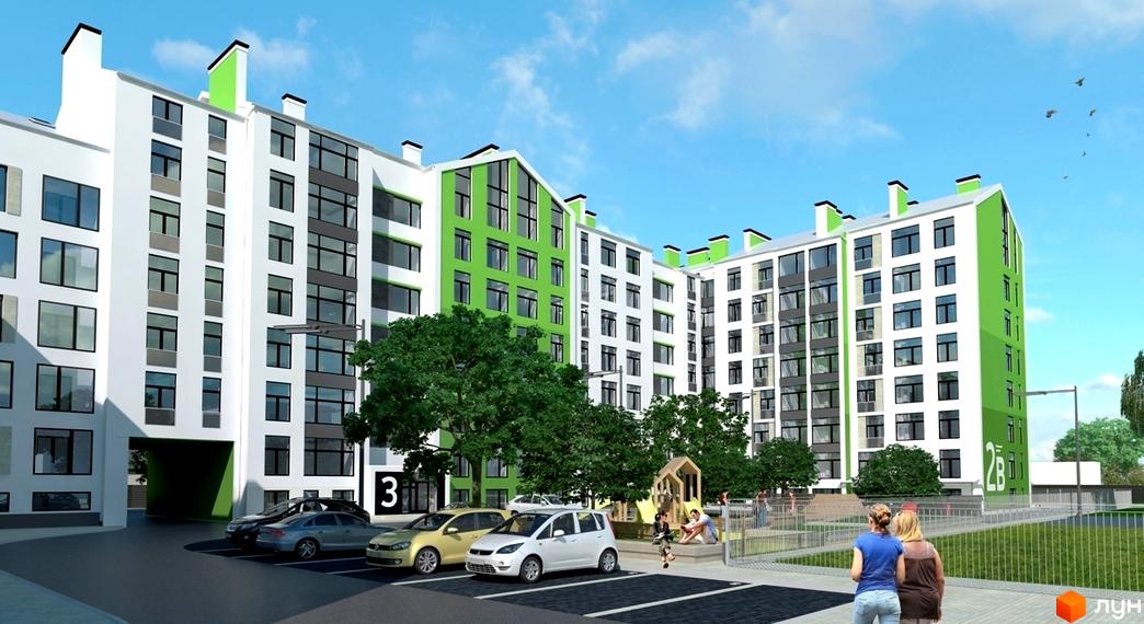 Багатоповерховий будинок Житлового комплексу Skyland з білим фасадом та зеленими акцентами. На прибудинковій території розташовані парковка та дитячий майданчик серед дерев.