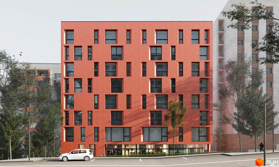 Фасад Комплекс Кампус з теракотовим відтінком та різнорозмірними вікнами. На першому поверсі скляні вітрини, поруч дорога та дерева.