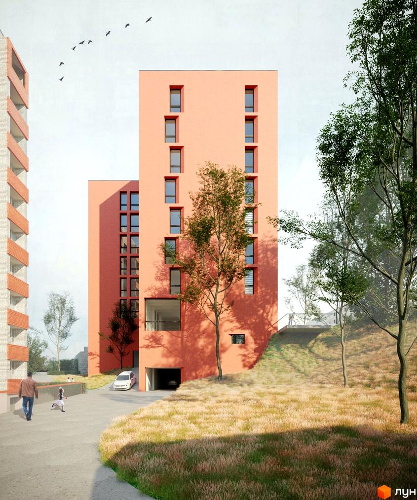 Апарт-комплекс Кампус: високі будинки персикового кольору та цегляний фасад. Прибудинкова територія з газонами та деревами.